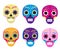 Sugar skull set icon, flat, cartoon style. Cute dead head, skeleton for the Day of the Dead in Mexico. Isolated on white