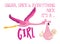 Sugar, Spice and everything nice. It`s a girl. - Funny flamingo stork illustration with baby girl. Typography illustration for new