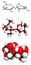 Sugar (sucrose, saccharose) molecule. Three representations: 2D skeletal formula, 3D ball-and-stick model, 3D space-filling model