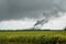 Sugarcane Refinery Chimney Smoke And Stormy Sky With Sunflowers
