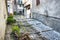 Suggestive pathway of the Italian village of Tolfa in the Lazio Region with flower beds that surround the ancient road paved with