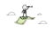 Suit man looking telescope on flying bank note. business vision concept. isolated illustration outline hand drawn doodle li