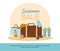 Suitcase and Beach Accessories on island. Summer sale, shopping