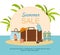 Suitcase and Beach Accessories on island. Summer sale, shopping