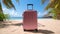 Suitcase on the beach background. Pink travel luggage on white tropical sand near sea ocean. Summer holidays. Vacations trip.