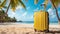 Suitcase on the beach background. Yellow travel luggage on white tropical sand near sea ocean. Summer holidays. Vacations trip.