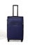 suitcase blue standing on white floor in front of white background