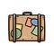 Suitcase comic style cartoon doodle image. Tour and travel logo. Media highlights graphic symbol