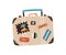 Suitcase decorated with stickers and badges isolated on white background. Hand drawn retro travel bag. Tourist s luggage