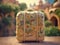 Suitcase in Gaudi style in park Guell, Spain, top summer travel destination, AI generated
