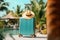 Suitcase with hat standing on clean tropical background,