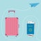 Suitcase icon. Passport, air boarding pass ticket with barcode. Travel baggage. Luggage handbag. Summer vacation planning concept