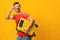 Suitcase man trip background baggage vacation studio traveler happy yellow journey weekend flight travel