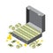 Suitcase of money, wads of dollars and coins. isometric