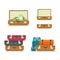Suitcase old open travel isolated vector set in flat cartoon style illustration, retro leather brown color closed