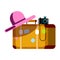 Suitcase with pink hat and photo camera isolated on white