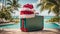 Suitcase Santa hat, sea concept christmas summer vacation background bag tourism