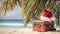 Suitcase Santa hat, sea season tour vacation background bag tourism relax