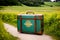 A suitcase in a shade of green sits along a dusty rural road.