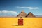 Suitcase sitting in the middle of a desert. Egypt pyramids on background. Minimalist touristic concept