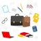 Suitcase, stationery, books, notepad vector icons. Contents of the teachers bag