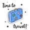 Suitcase sticker. Fashion patch element with quote Time to travel