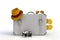 Suitcase of a traveler with  straw hat and retro film photo camera  on white background