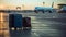 Suitcases with an Airplane standing at the airport. Modern aircraft waiting for traveler luggage to be loaded. Suitcases standing