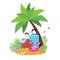 Suitcases on the beach. Travel bag with hat. Giant inflatable Pink Flamingo on the sunny beach. Pool float toy, ball and
