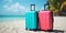 Suitcases on the beach, vacation. Bright hand luggage suitcases against the background of the sea and sand on the beach.