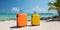 Suitcases on the beach, vacation. Bright hand luggage suitcases against the background of the sea and sand on the beach.