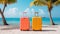Suitcases on the beach, vacation. Bright hand luggage suitcases against the background of the sea and sand on the beach.