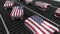 Suitcases featuring flag of the USA move on the conveyor in an airport. American tourism related loopable animation