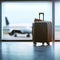 Suitcases luggage at airport, floor to ceiling glass window, a plane parked on the runway, generative AI