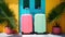 Suitcases in resort, vacation. Bright hand luggage suitcases against the background hotel. Emigration