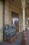 Suitcases stacked in an old railway station