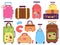Suitcases. Trip luggage, cartoon suitcase pack. Traveler stuff, tourism and vacations. Travelling bags, backpacks for