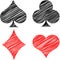 Suits of playing cards in the form of doodles Hearts, Diamonds, Club, Spades. Red and black on a white background