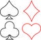 Suits of playing cards Hearts, Diamonds, Club, Spades. Linear design. Isolated on a white background.