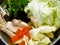 Suki Shantou with vegetables and eggs pork ,Shantou, China Shabu set and mixed vegetables on white backgrounds