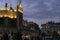 Sukiennice market place building scene in blue dusk