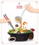 Sukiyaki in hot pot at restaurant, Hand holding chopsticks eating Shabu, vector illustration