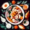 Sukiyaki Japanese food vector illustration. Sukiyaki is a Japanese soup made of beef, vegetables, and other   AI Generated