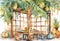 Sukkah For Sukkot With Table watercolor Jewish holiday.