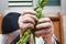 Sukkot. Hands of an elderly man holding lulav and etrog