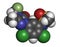 Sulfentrazone herbicide molecule. 3D rendering. Atoms are represented as spheres with conventional color coding: hydrogen white.