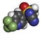 Sulfoxaflor insecticide molecule. Stylized skeletal formula chemical structure: Atoms are shown as color-coded circles.