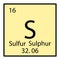 Sulfur chemical icon. Periodic table symbol. Isolated sign. Light yellow background. Vector illustration. Stock image.