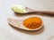 Sulfur powder and turmeric powder in a wooden spoon Helps nourish hair and skin.