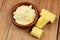 Sulfur or Sulphur and powder on an old wooden background.top view,flat lay